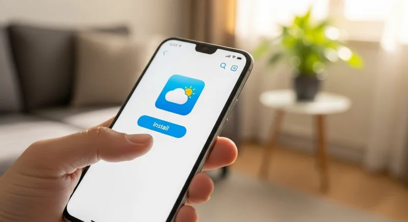 Mano sosteniendo smartphone mostrando pantalla de tienda de aplicaciones