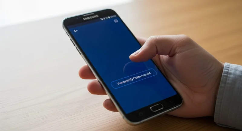 Mano sosteniendo smartphone Samsung cerca botón eliminar cuenta