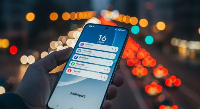 Mano sosteniendo smartphone Samsung con pantalla mostrando notificaciones y logo