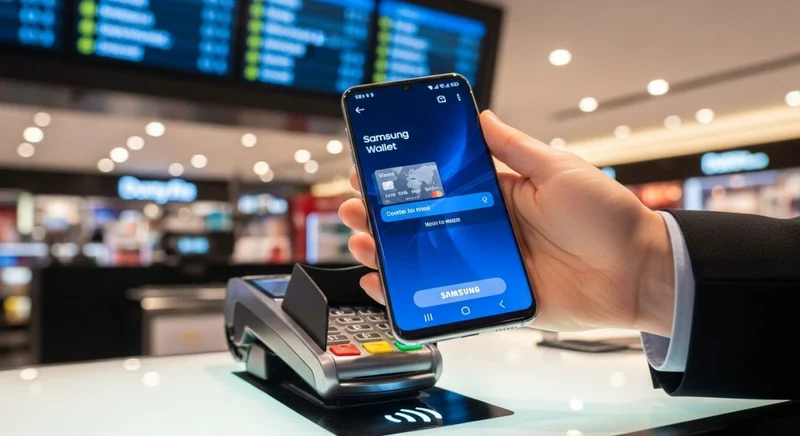 Mano sosteniendo smartphone Samsung con Samsung Wallet en terminal pago