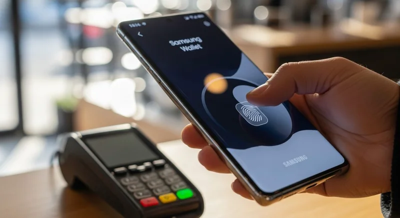 Mano sosteniendo smartphone Samsung mostrando Samsung Wallet para pago contactless