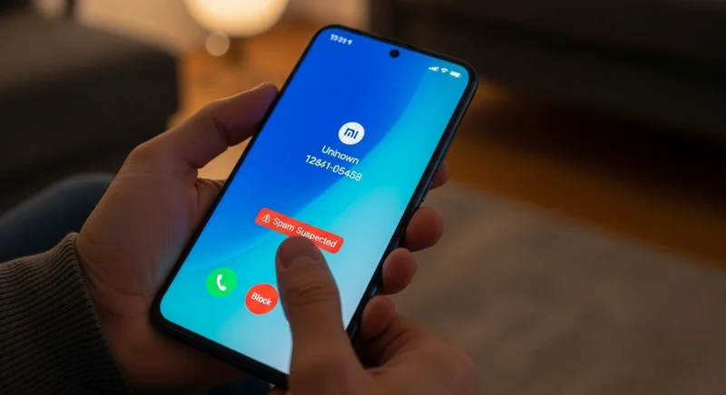 Mano sosteniendo smartphone Xiaomi con advertencia de spam en pantalla