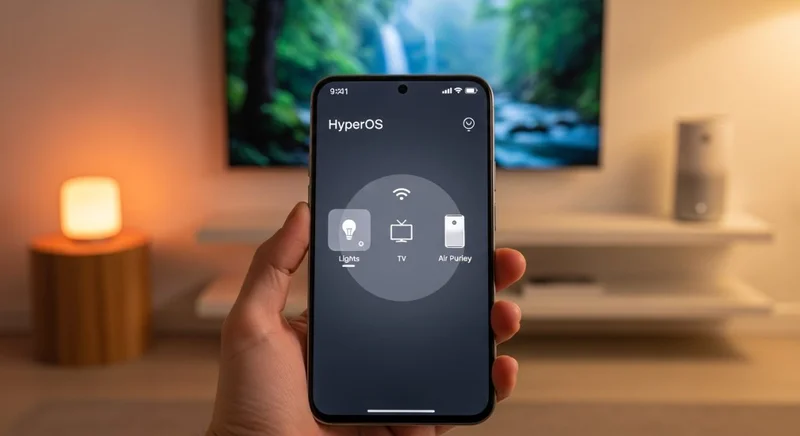 Mano sosteniendo smartphone Xiaomi con HyperOS en un hogar inteligente