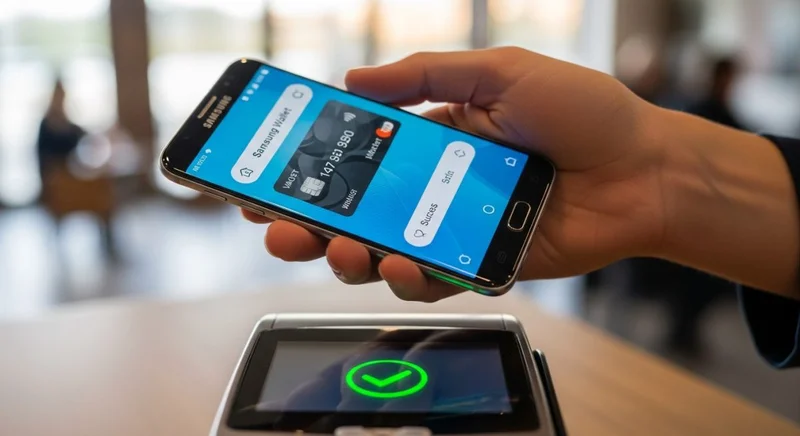 Mano sosteniendo teléfono Samsung sobre terminal de pago en cafetería moderna