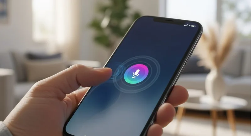 Mano sosteniendo un iPhone activando Siri en sala moderna
