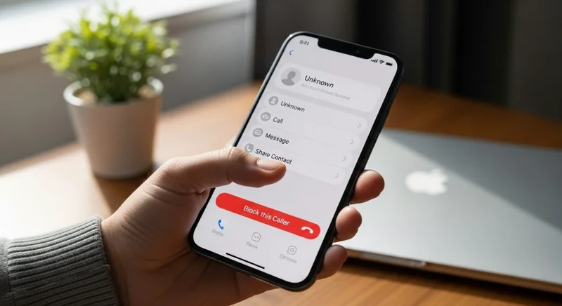 Mano sosteniendo un iPhone bloqueando un contacto en oficina hogareña