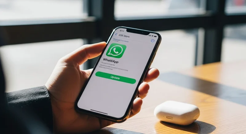 Mano sosteniendo un iPhone mostrando la pantalla de WhatsApp
