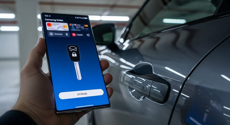Mano sosteniendo un Samsung Galaxy mostrando la app Samsung Wallet