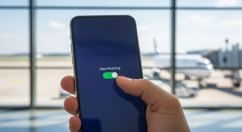 Mano sosteniendo un smartphone Android con opción de roaming activa
