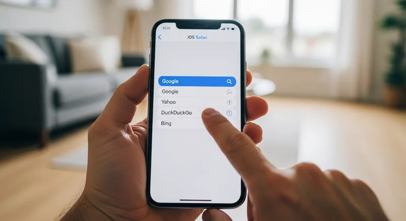 Mano sosteniendo un smartphone mostrando menú de configuración de iOS