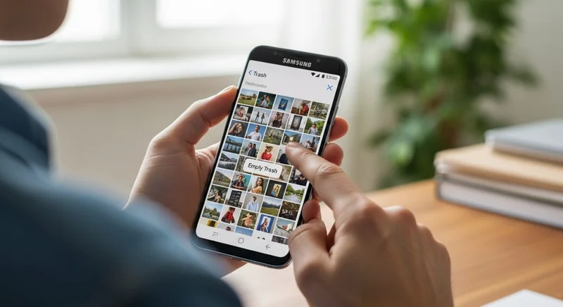 Mano sosteniendo un smartphone Samsung a punto de vaciar papelera