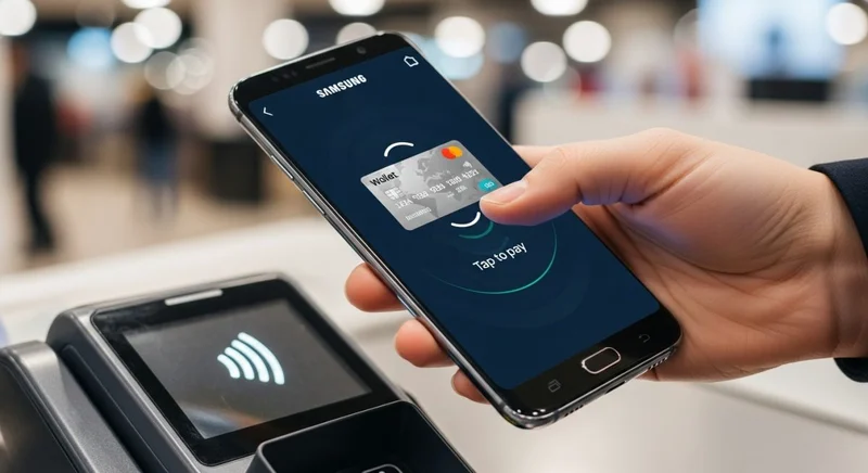 Mano sosteniendo un smartphone Samsung en pago contactless en tienda