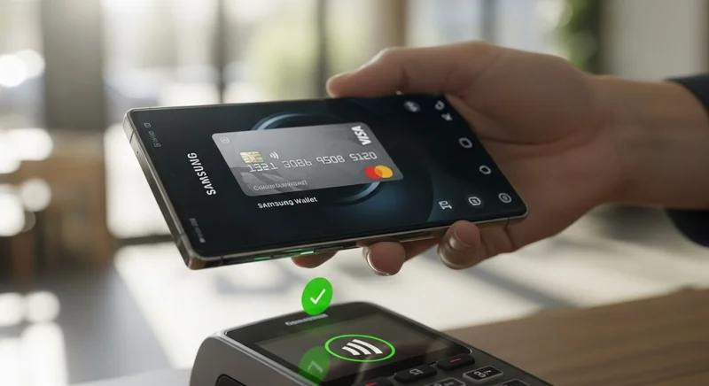Mano sosteniendo un smartphone Samsung en terminal de pago