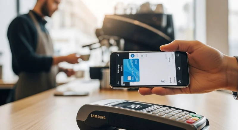 Mano sosteniendo un smartphone Samsung frente a terminal de pago