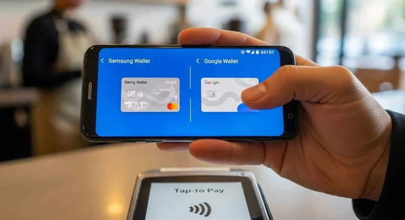 Mano sosteniendo un smartphone Samsung sobre terminal de pago