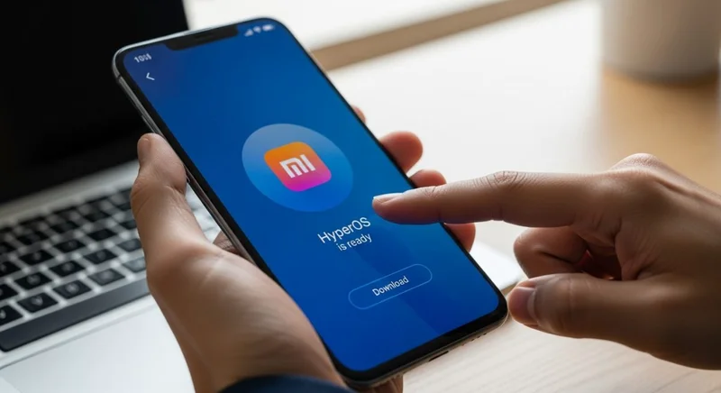 Mano sosteniendo un smartphone Xiaomi mostrando actualización HyperOS y botón descargar