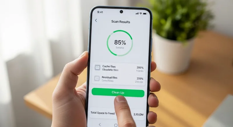 Mano sosteniendo un smartphone Xiaomi mostrando la interfaz de limpieza