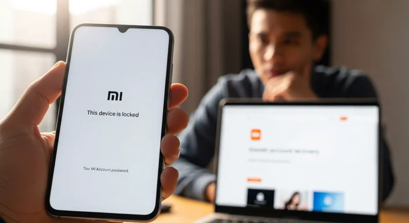 Mano sosteniendo un teléfono Xiaomi bloqueado con logo Mi visible