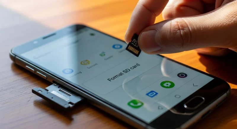 Mano sosteniendo una microSD sobre un smartphone Android en mesa