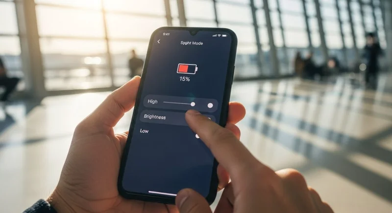 Manos ajustando brillo de smartphone en aeropuerto con icono batería roja