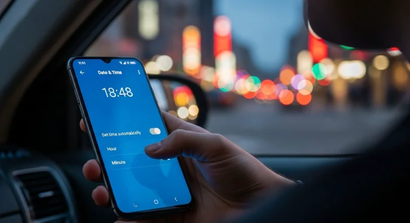 Manos ajustando hora en smartphone Android con pantalla de ajustes claros