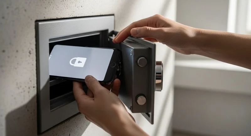 Manos colocando un smartphone en una caja fuerte moderna