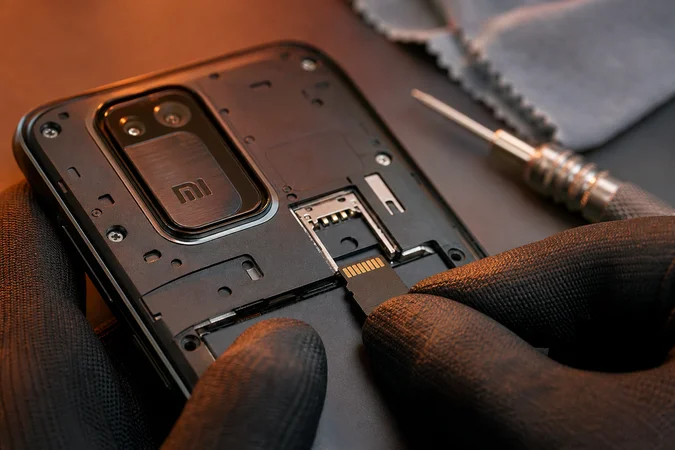 Manos con guantes insertan microSD en ranura Xiaomi Mi logo