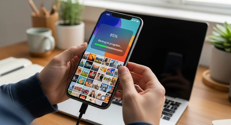 Manos conectando smartphone a laptop mostrando respaldo en progreso al 85 por ciento