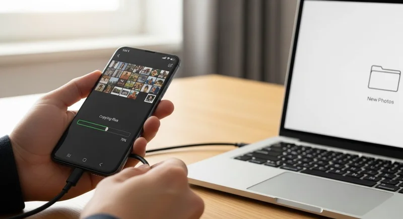 Manos conectando smartphone Android a laptop con logo Apple visible