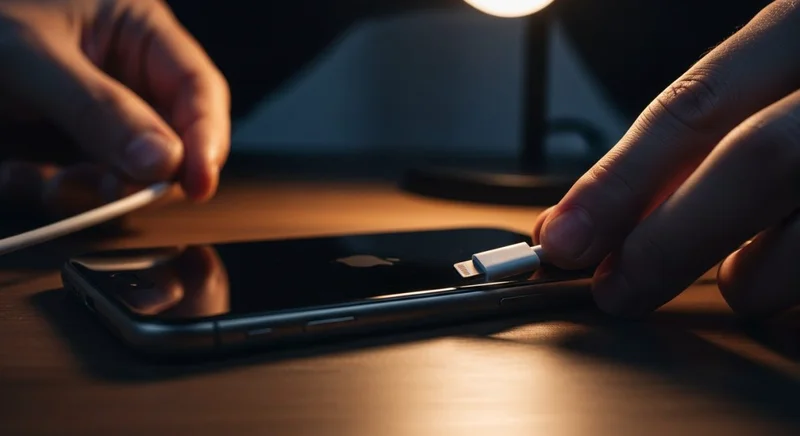 Manos conectando un cable de carga oficial de Apple a iPhone