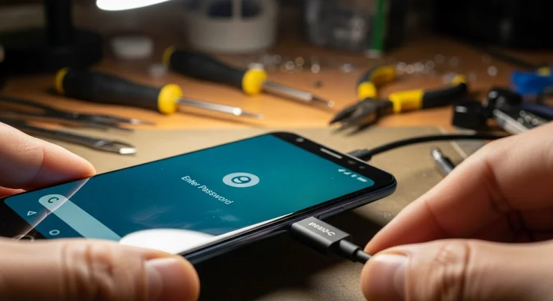 Manos conectando un cable USB a un smartphone Android moderno