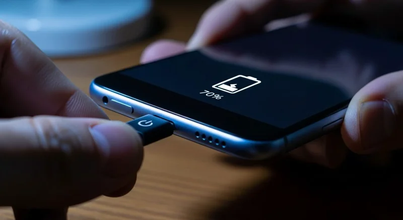Manos conectando un cable USB-C a un smartphone Android