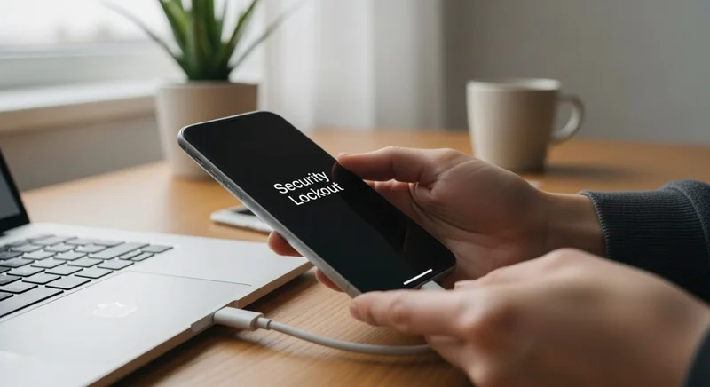 Manos conectando un iPhone con mensaje de bloqueo de seguridad