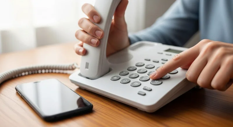 Manos configurando desvío de llamadas en teléfono fijo blanco