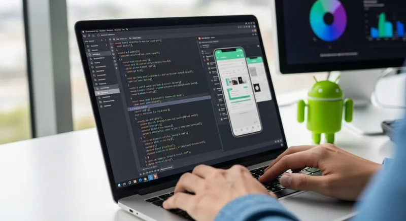 Manos de desarrollador escribiendo en un laptop con código Kotlin