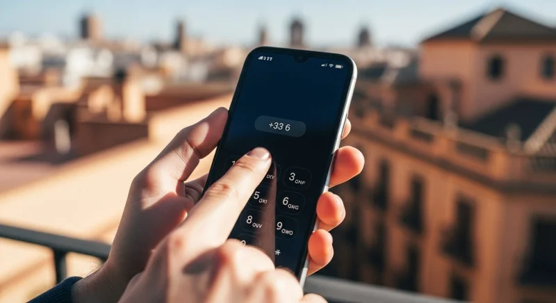 Manos escribiendo el código +33 en smartphone moderno en balcón