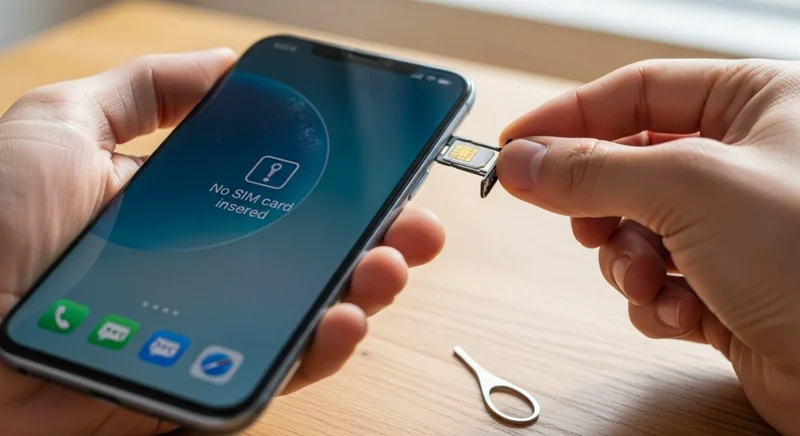 Manos insertando nano-SIM en smartphone con error de tarjeta SIM