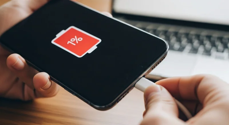 Manos intentando conectar cable USB-C a smartphone con 1% batería