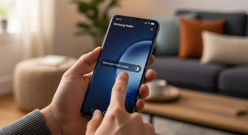 Manos interactuando con smartphone Samsung mostrando la app Samsung Wallet
