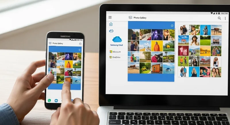 Manos interactuando con un smartphone Samsung Galaxy y laptop