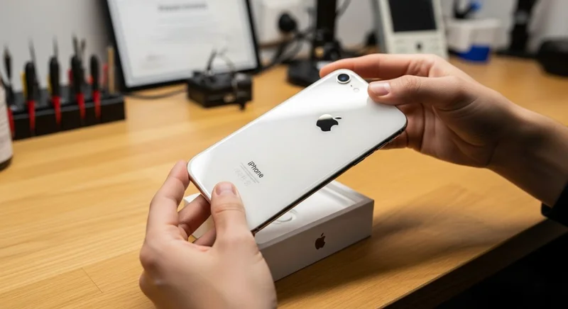 Manos levantando un iPhone nuevo de una caja blanca con logo Apple