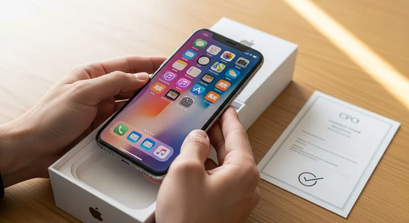 Manos levantando un iPhone nuevo del embalaje CPO blanco
