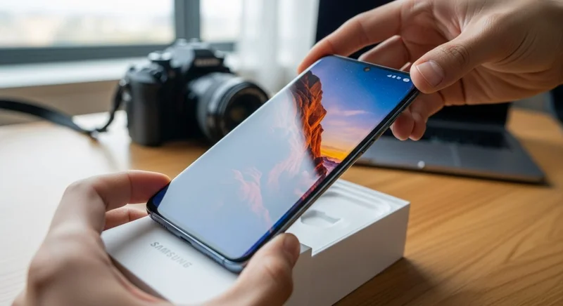 Manos levantando un smartphone Samsung de caja blanca minimalista