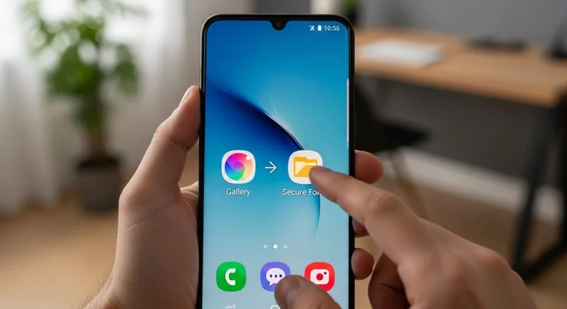 Manos moviendo icono en pantalla de smartphone Samsung