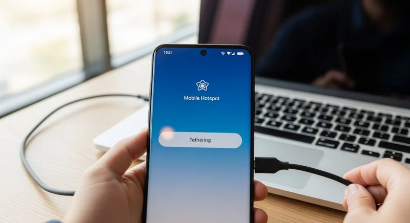 Manos posicionando smartphone Samsung junto a portátil en coworking