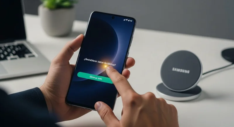 Manos preparando restablecimiento de fábrica en smartphone Samsung moderno