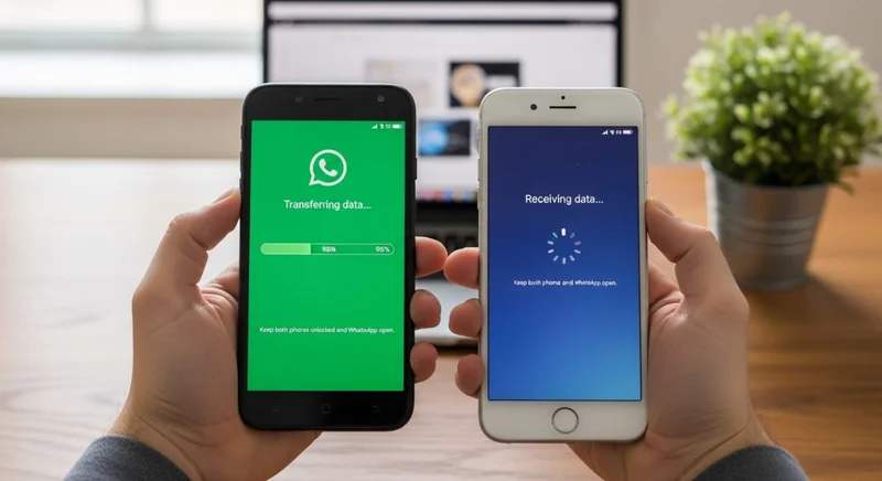 Manos sosteniendo Android y iPhone mostrando chat migración de WhatsApp