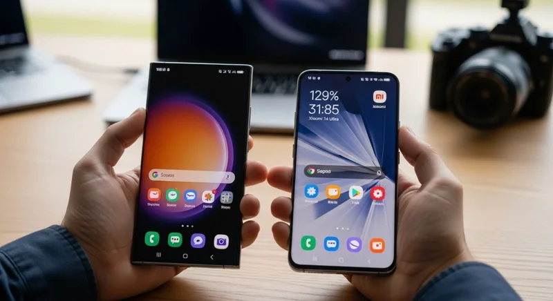 Manos sosteniendo dos smartphones Samsung y Xiaomi en comparación