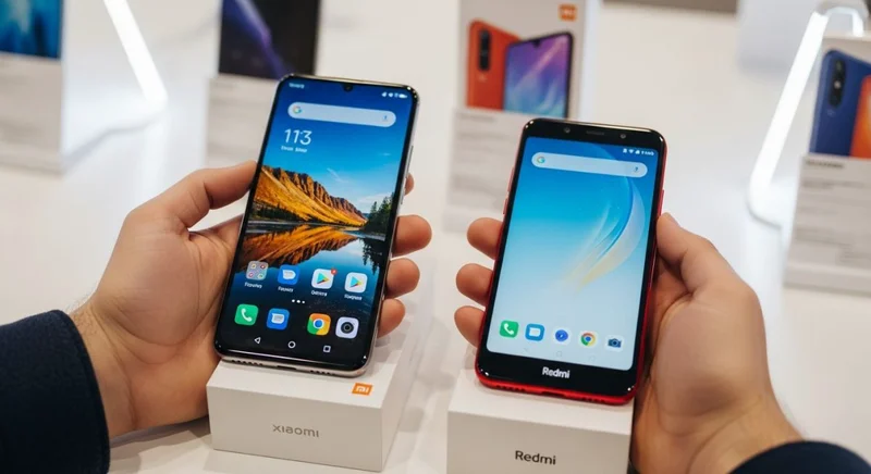 Manos sosteniendo dos smartphones Xiaomi y Redmi sobre cajas