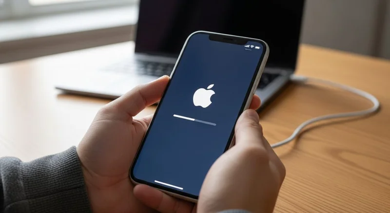 Manos sosteniendo iPhone con logo Apple y barra de progreso